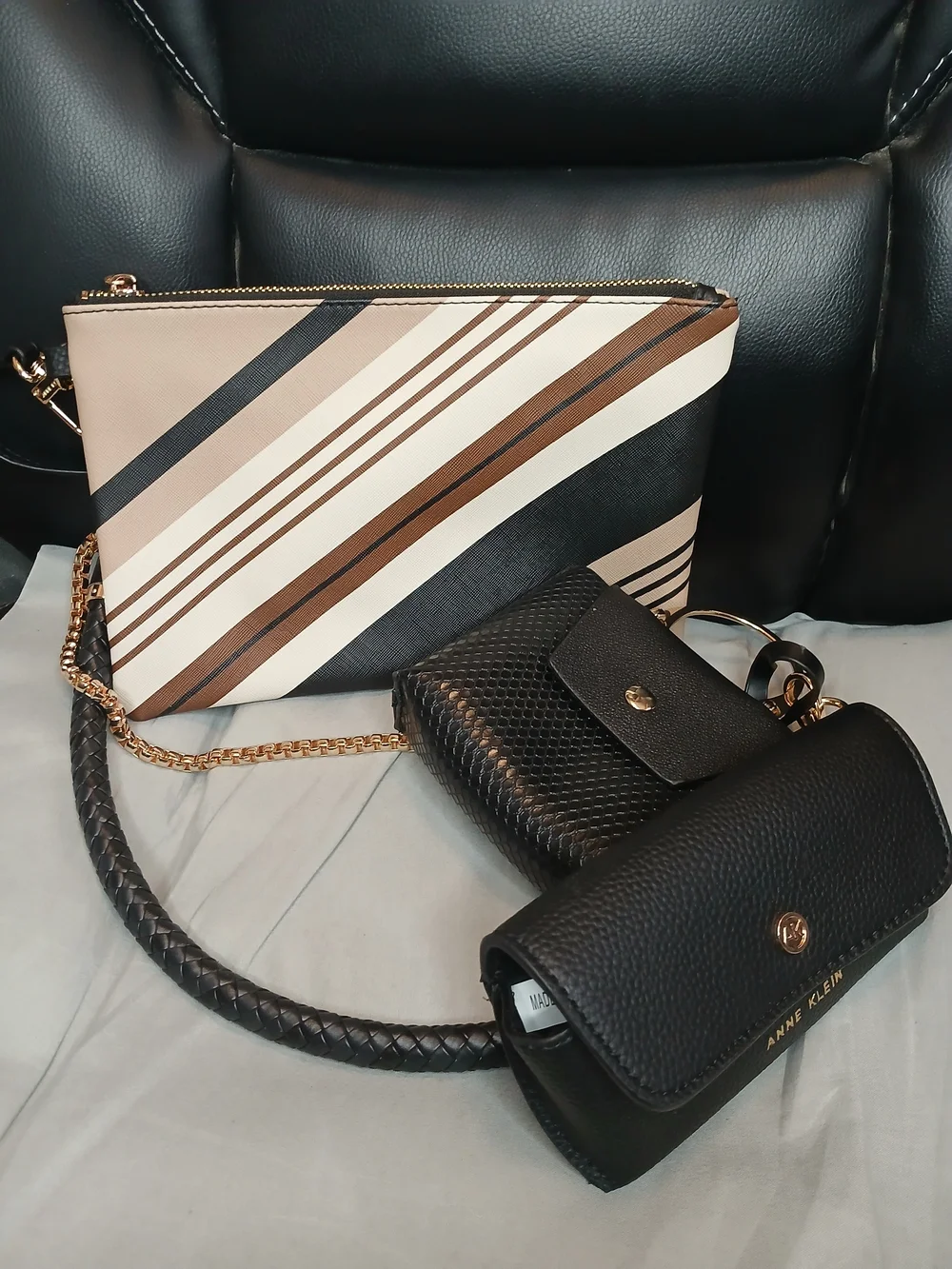 Anne Klein Black & Brown Striped Travel Pouch Trio